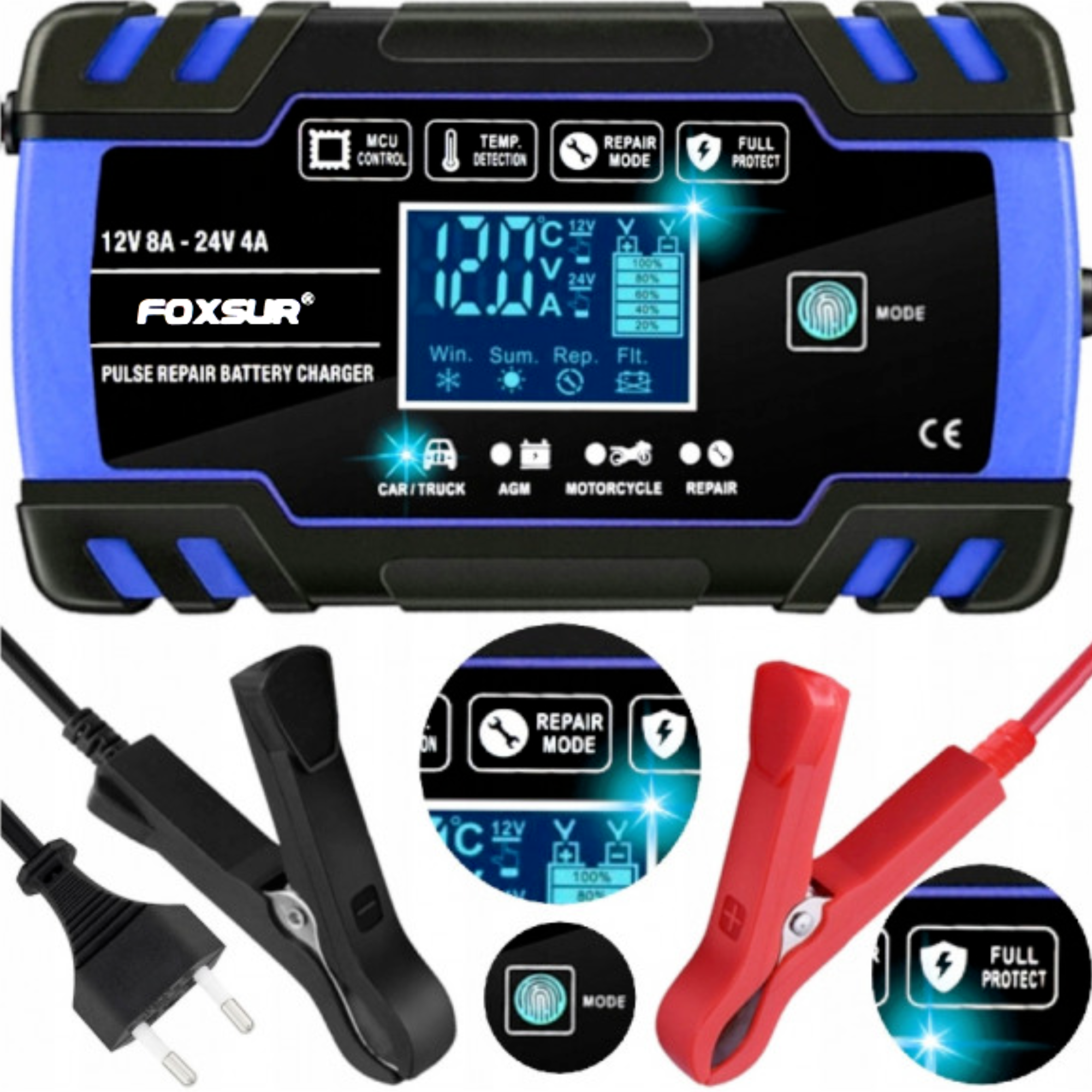 Afbeelding van FOXSUR - Acculader - Druppellader - voor 12v & 24v! - Geschikt voor Motor Auto Scooter Vrachtwagen Boot