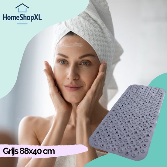Afbeelding van HSXL - Antislipmat - 88x40CM - Incl. Netspons - Antislip Douchemat / Badmat Grijs met Zuignappen – Mat voor