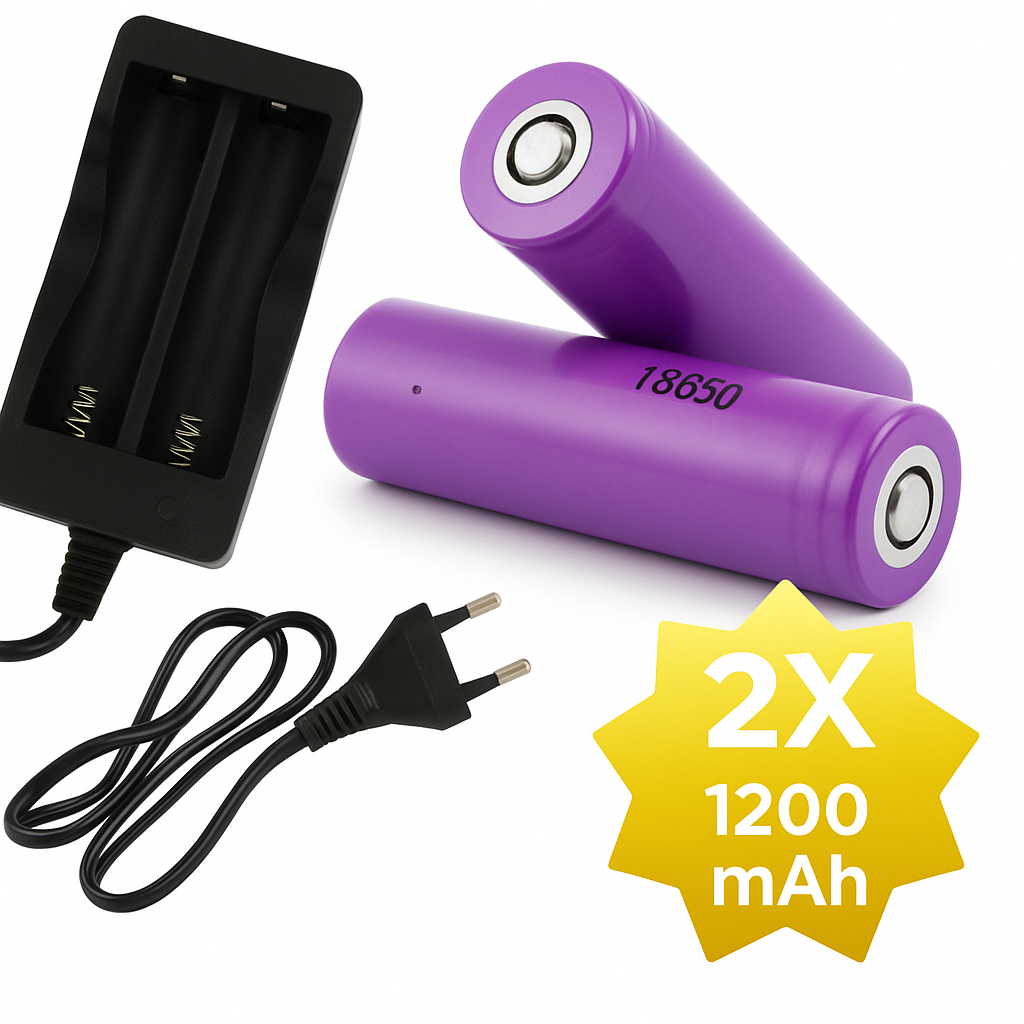Afbeelding van 2x 1200mAh 18650 3,7V Li-Ion - 18 x 65 mm Cilindrisch - Oplaadbare CR18650 Batterijen met Netstroom Oplader -