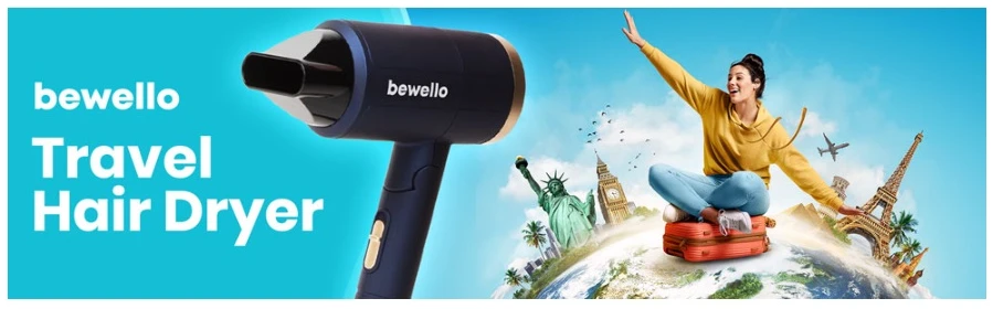 Afbeelding van Bewello - Compacte Föhn - Reis Haardroger - Blauw/Goud - Draaibare mond - Lichtgewicht - 2 Droogstanden -