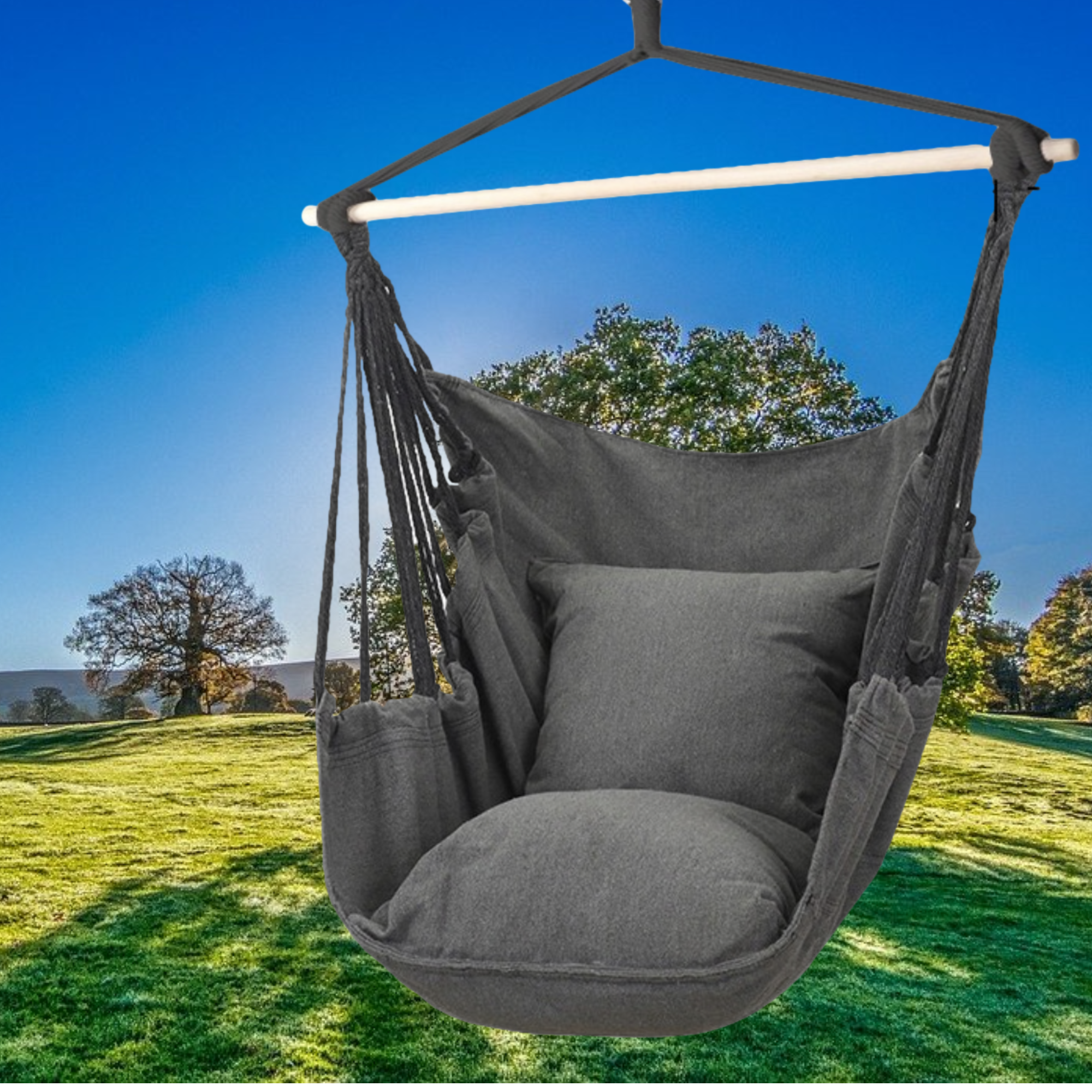 Afbeelding van Hangmat Stoel - Hangstoel voor Binnen of Buiten - Incl. 2 Kussens - Zwart/Grijs Antraciet - 2d64 252b 429b