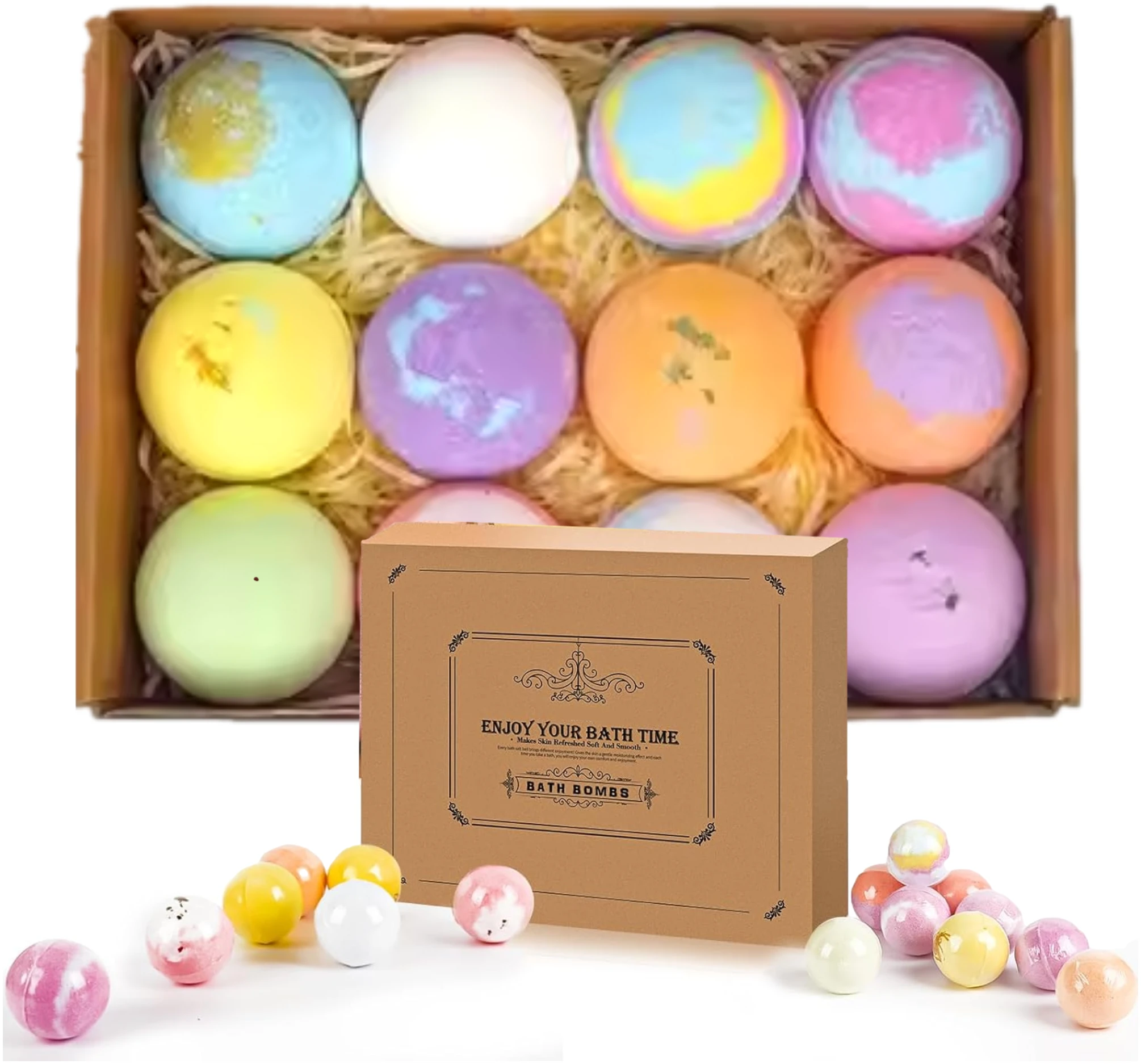Afbeelding van Bath bombs 12 stuks - Bruisballen voor in Bad - 12 Etherische Aroma Bad bommen - Giftset - Cadeau - 60g per