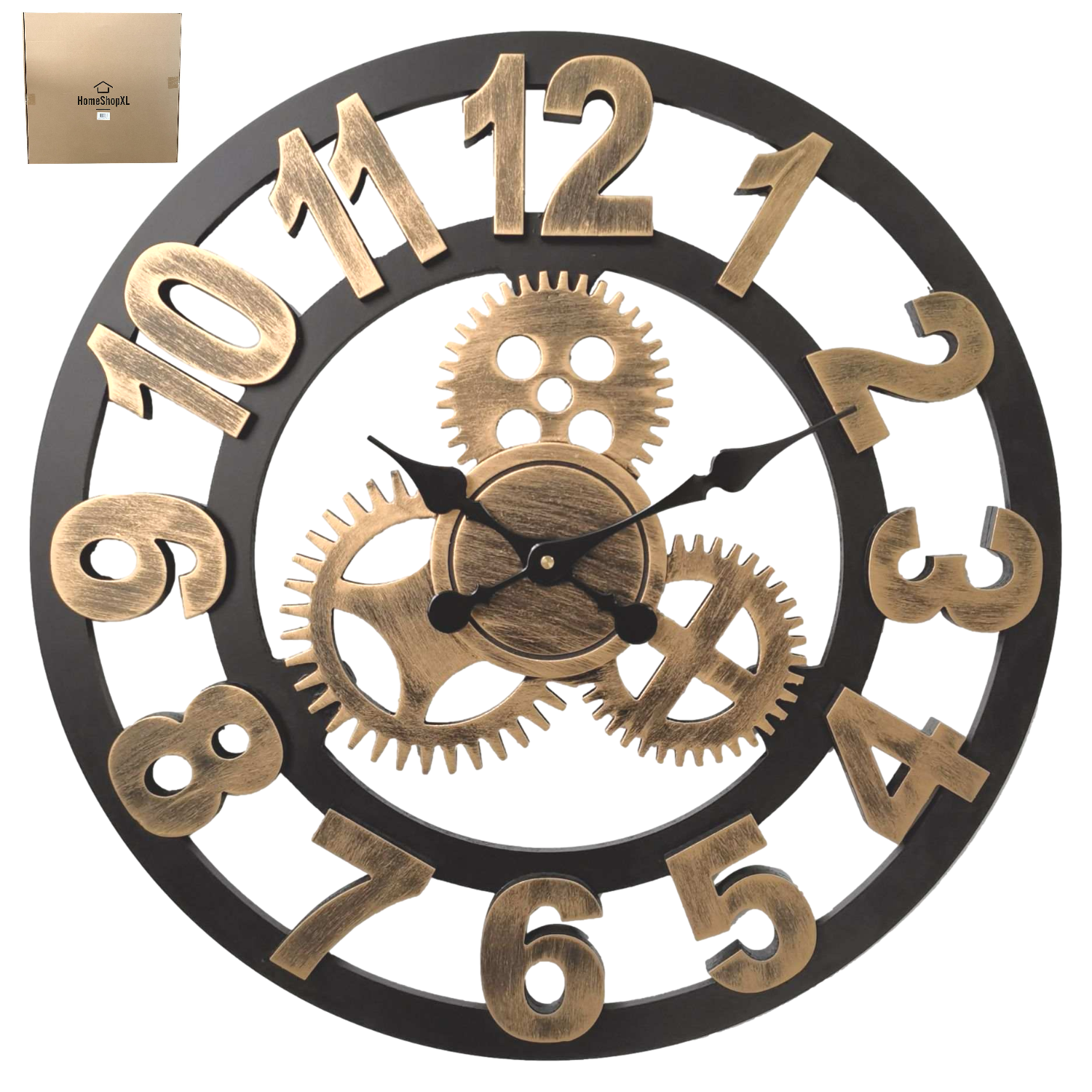 Afbeelding van HSXL - 60cm Grote Stille Wandklok Landelijk en Industrieel uit Zwart met Goud Hout - Groot - 60 cm - Houten