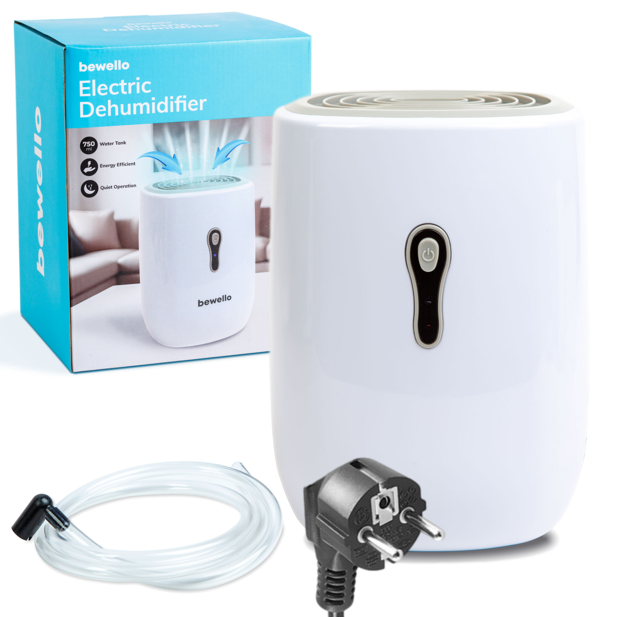 Afbeelding van Elektrische Luchtontvochtiger voor in Huis - 750ml - Kleine Luchtontvochtiger op Netstroom met Afvoerslang -