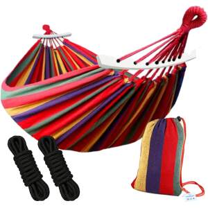 Afbeelding van HSXL Dubbele Hangmat Rood met Spreidstok en Touwen - 1 of 2 Persoons - Lig Oppervlak 190x150cm - Lengte 260cm