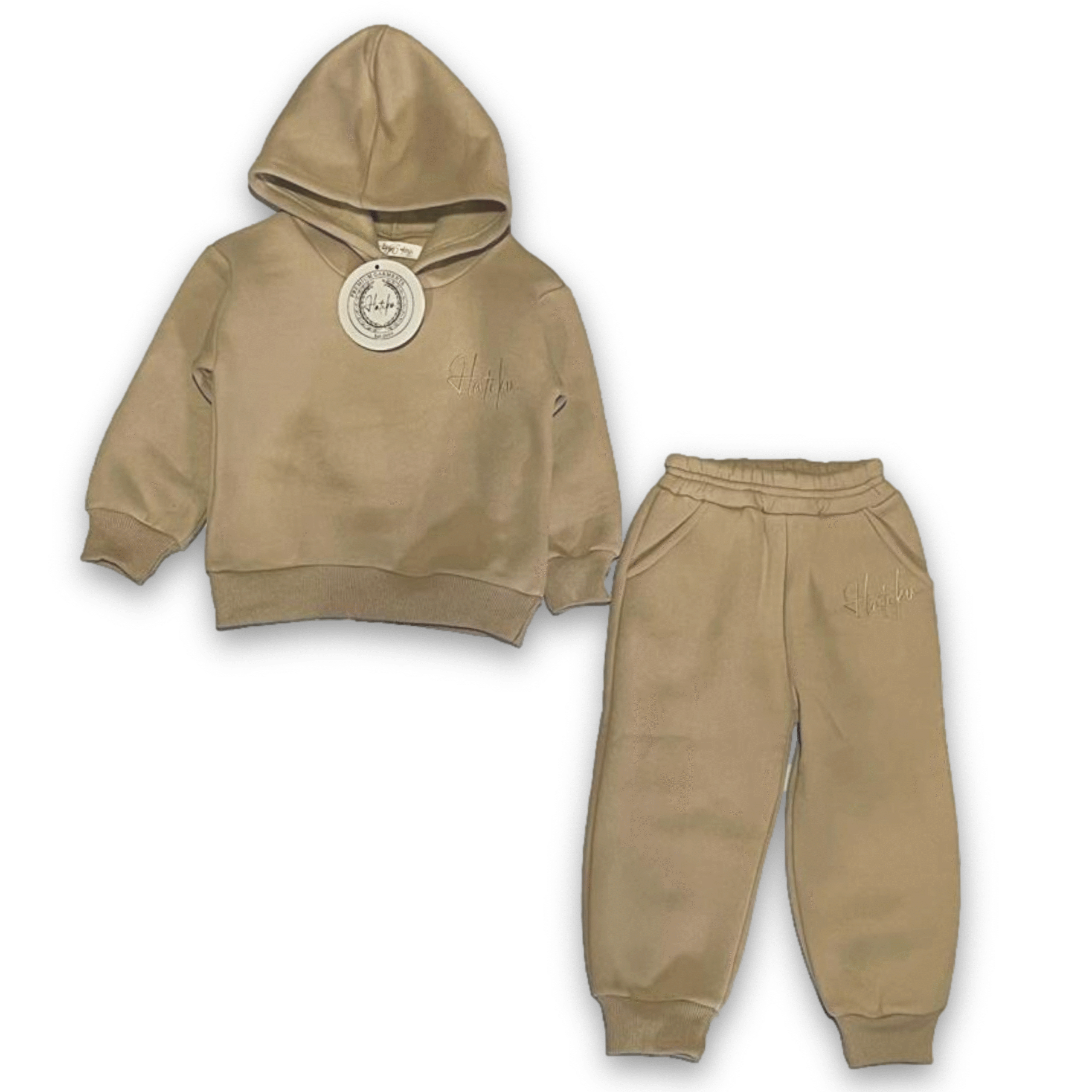 Afbeelding van HATIKU - Premium Trainingspak Kind - Maat 116 - Beige - Effen - Joggingpak voor Jongens of Meisjes - Unisex -