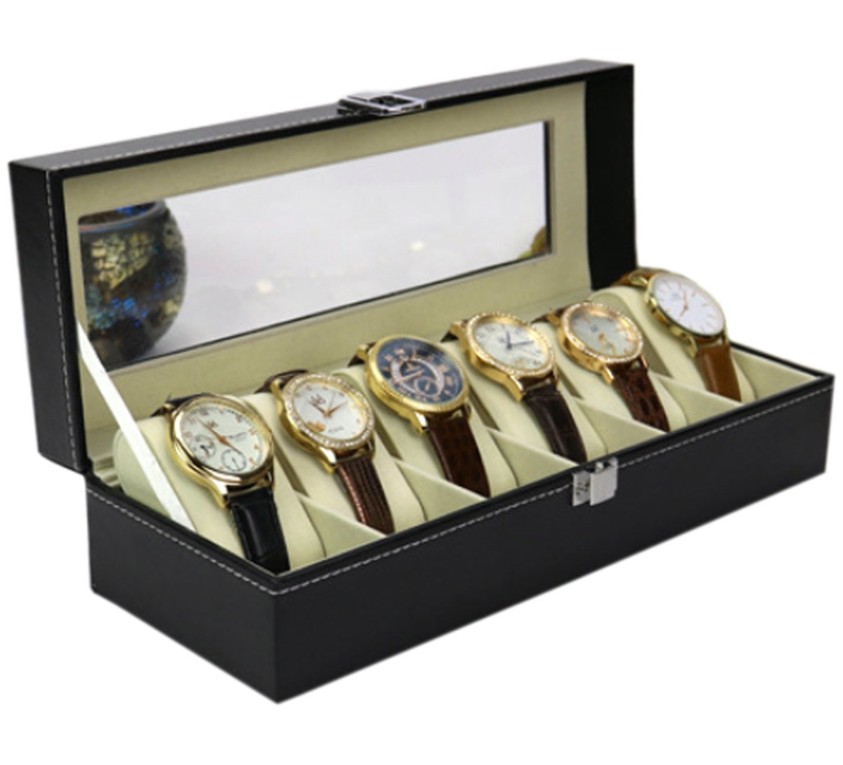 Afbeelding van Luxe Horloge Doos – Opbergdoos – 6 Vakken Horlogedoos - Sieradendoos – Kist - Verwijderbare Kussens –