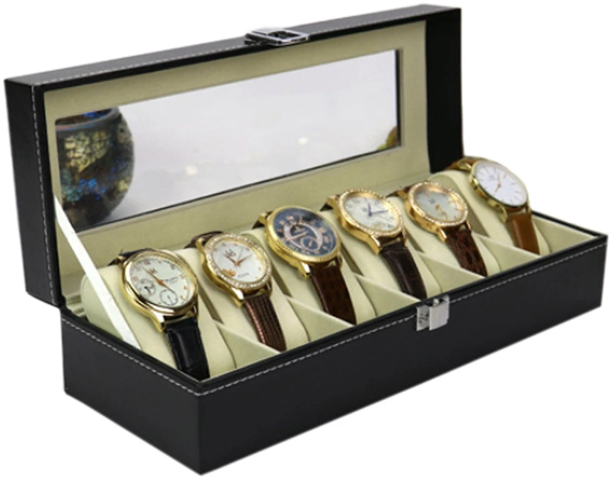 Afbeelding van Luxe Horloge Doos – Opbergdoos – 6 Vakken Horlogedoos - Sieradendoos – Kist - Verwijderbare Kussens –