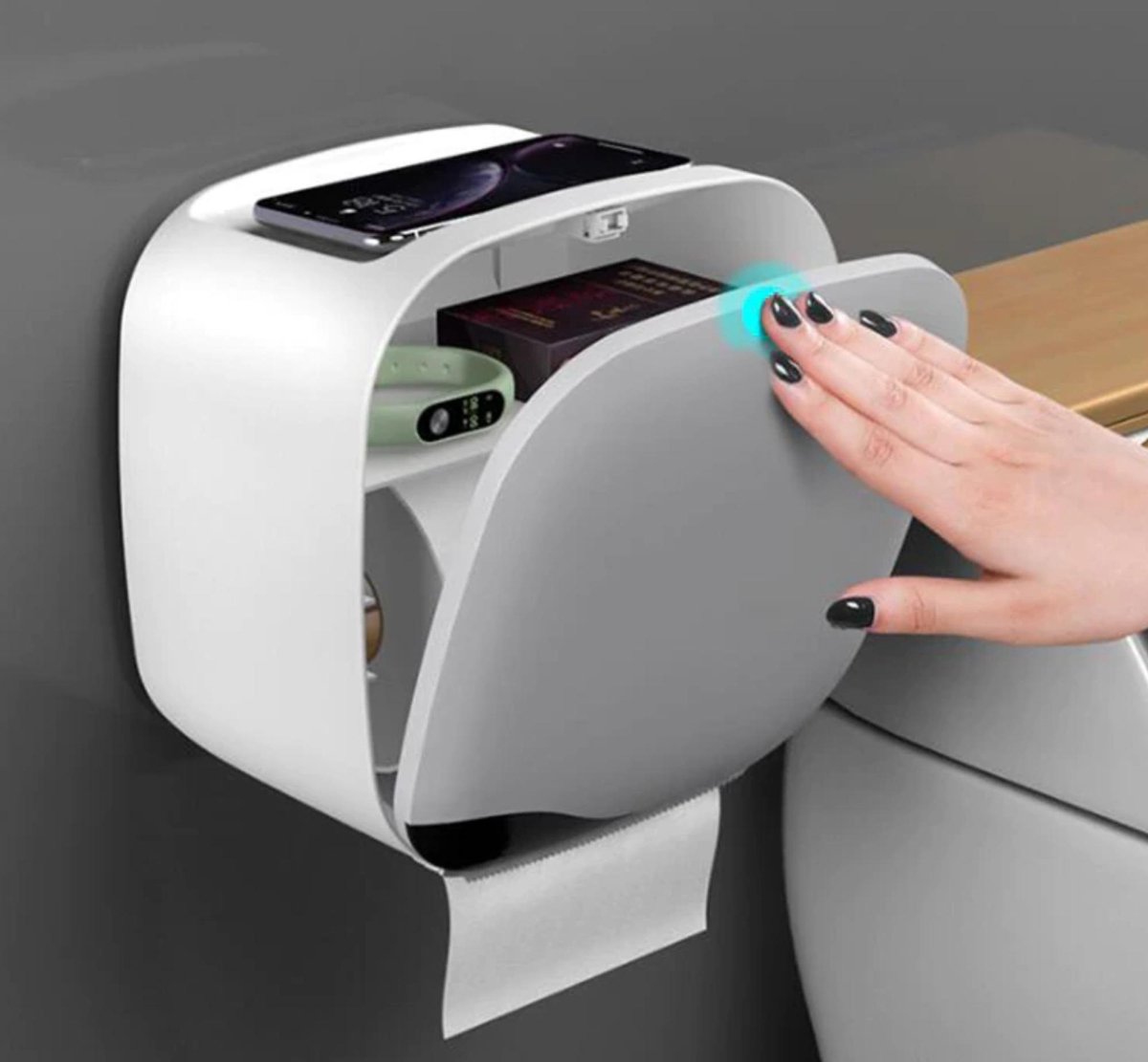 Afbeelding van Bewello® - WC Rolhouder - Toiletrolhouder - Zelfklevend WC Kastje - Wit met Grijs - 200 x 130 x 205 mm -