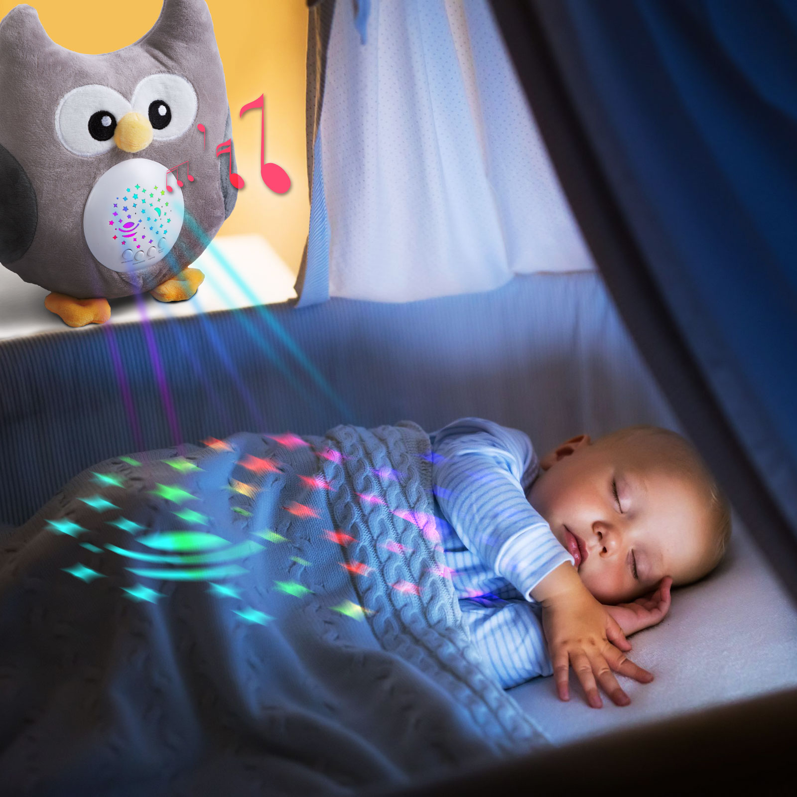 Afbeelding van Babykamer Uil Sterrenhemel Projector met Muziek en White Noise op Batterijen - LED Projector Lamp Baby en