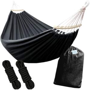 Afbeelding van HSXL Dubbele Hangmat Zwart met Spreidstok en Touwen - 1 of 2 Persoons - Lig Oppervlak 190x150cm - Lengte