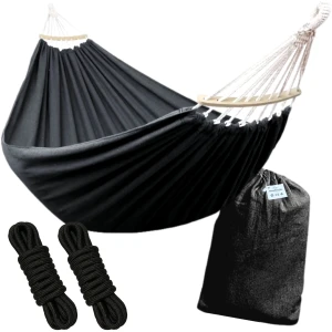 Afbeelding van HSXL Dubbele Hangmat Zwart met Spreidstok en Touwen - 1 of 2 Persoons - Lig Oppervlak 190x150cm - Lengte