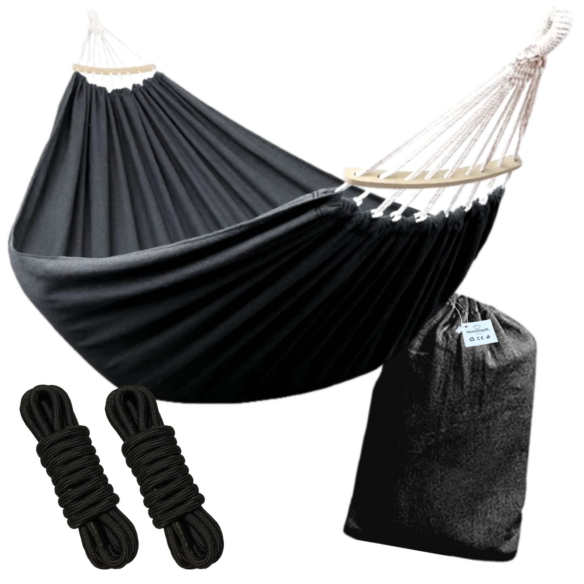 Afbeelding van HSXL Dubbele Hangmat Zwart met Spreidstok en Touwen - 1 of 2 Persoons - Lig Oppervlak 190x150cm - Lengte