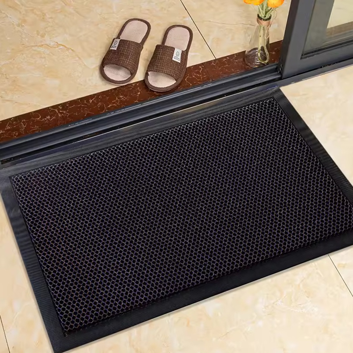 Afbeelding van 3D Mesh Deurmat Anti-Slip voor binnen - 90x60cm - Rubber/Stof - Zwart - Droogloopmat Antislip - 3a6f 47ac