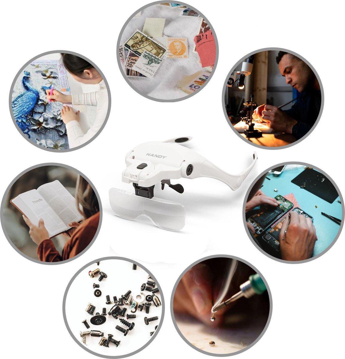 Afbeelding van Handy - Vergrootglas Bril - Loepbril met LED verlichting - met 5 lenzen - met Elastische band én Brilframe -