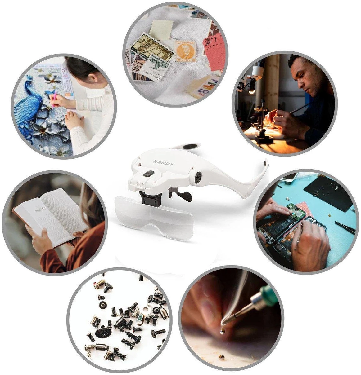 Afbeelding van Handy - Vergrootglas Bril - Loepbril met LED verlichting - met 5 lenzen - met Elastische band én Brilframe -