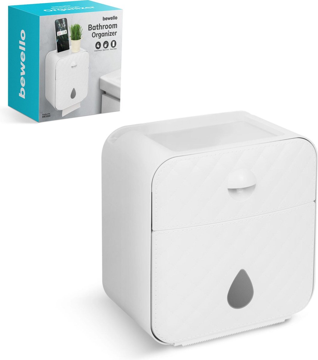 Afbeelding van Bewello® - WC Rolhouder - Toiletrolhouder - Zelfklevend WC Kastje - Wit met Grijs - 205 x 125 x 220 mm -