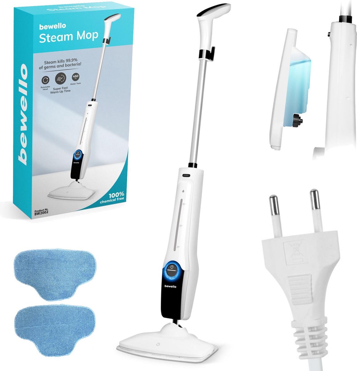 Afbeelding van Bewello® - Elektrische Dweil - Stoomreiniger Vloer - Vloerreiniger - Op Netstroom - Stoommop - Dweilmachine