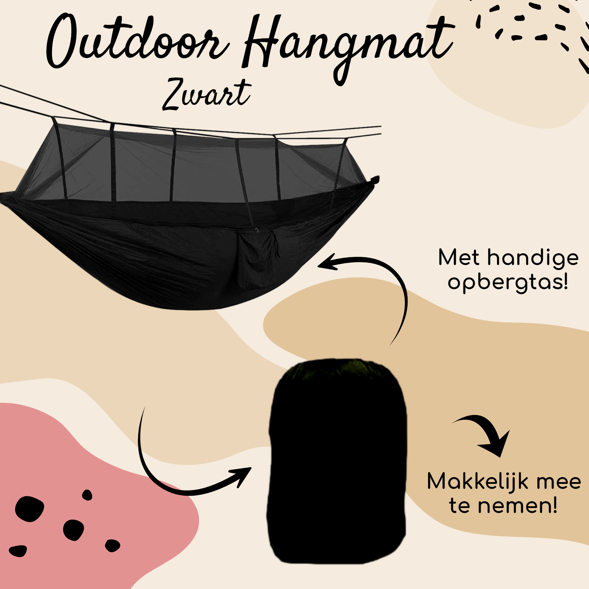 Afbeelding van HSXL Lichtgewicht Outdoor Hangmat met Muggennet en Accessoires - 260x140cm - Zwart- Survival Hangmat met