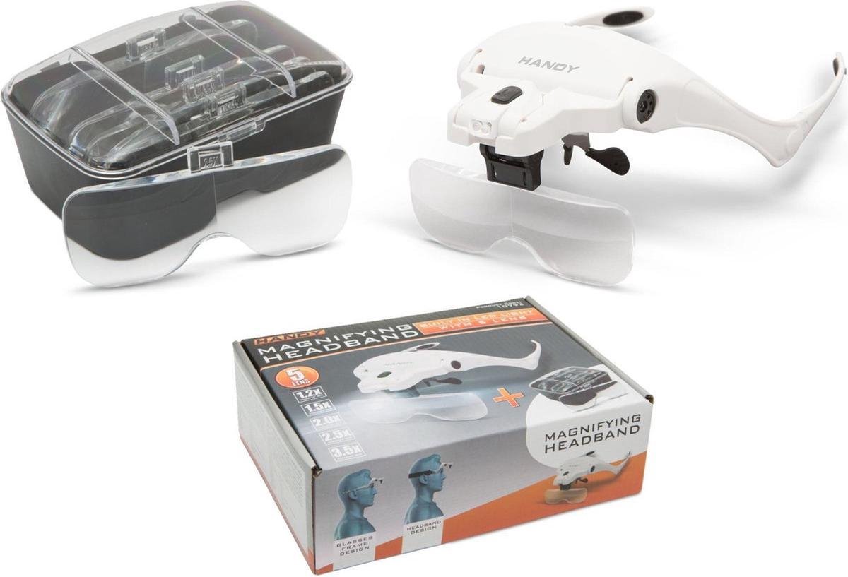Afbeelding van Handy - Vergrootglas Bril - Loepbril met LED verlichting - met 5 lenzen - met Elastische band én Brilframe -
