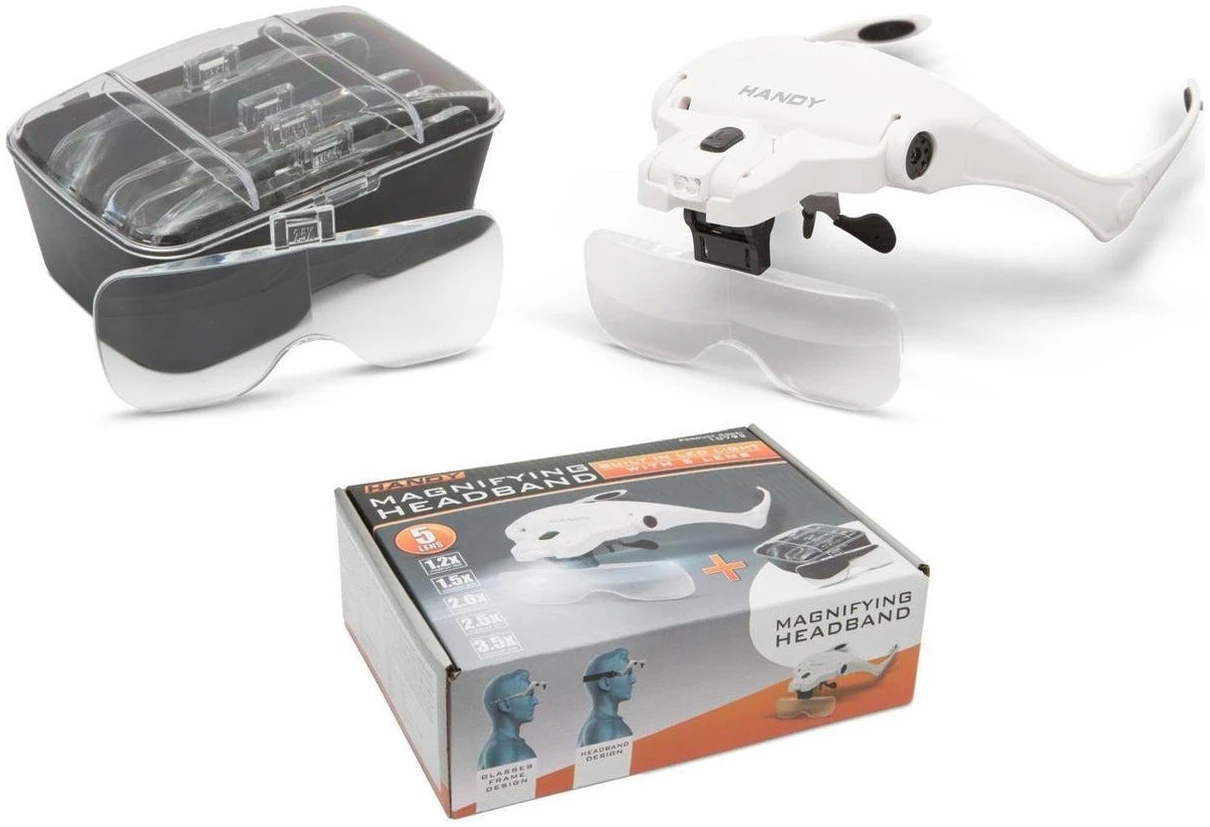 Afbeelding van Handy - Vergrootglas Bril - Loepbril met LED verlichting - met 5 lenzen - met Elastische band én Brilframe -