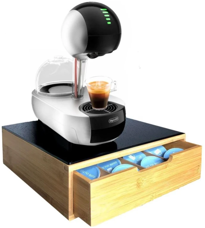 Afbeelding van Luxe Capsulehouder | Bamboe & Zwart Glas | Multifunctionele Cuphouder voor Dolce Gusto, Lavazza,