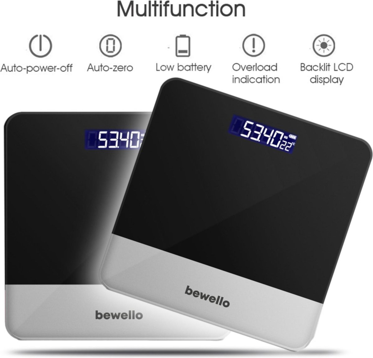 Afbeelding van Bewello - Weegschalen - Weegschaal Personenweegschaal Digitaal - Gehard Glas - Zwart met Zilver - max. 180KG