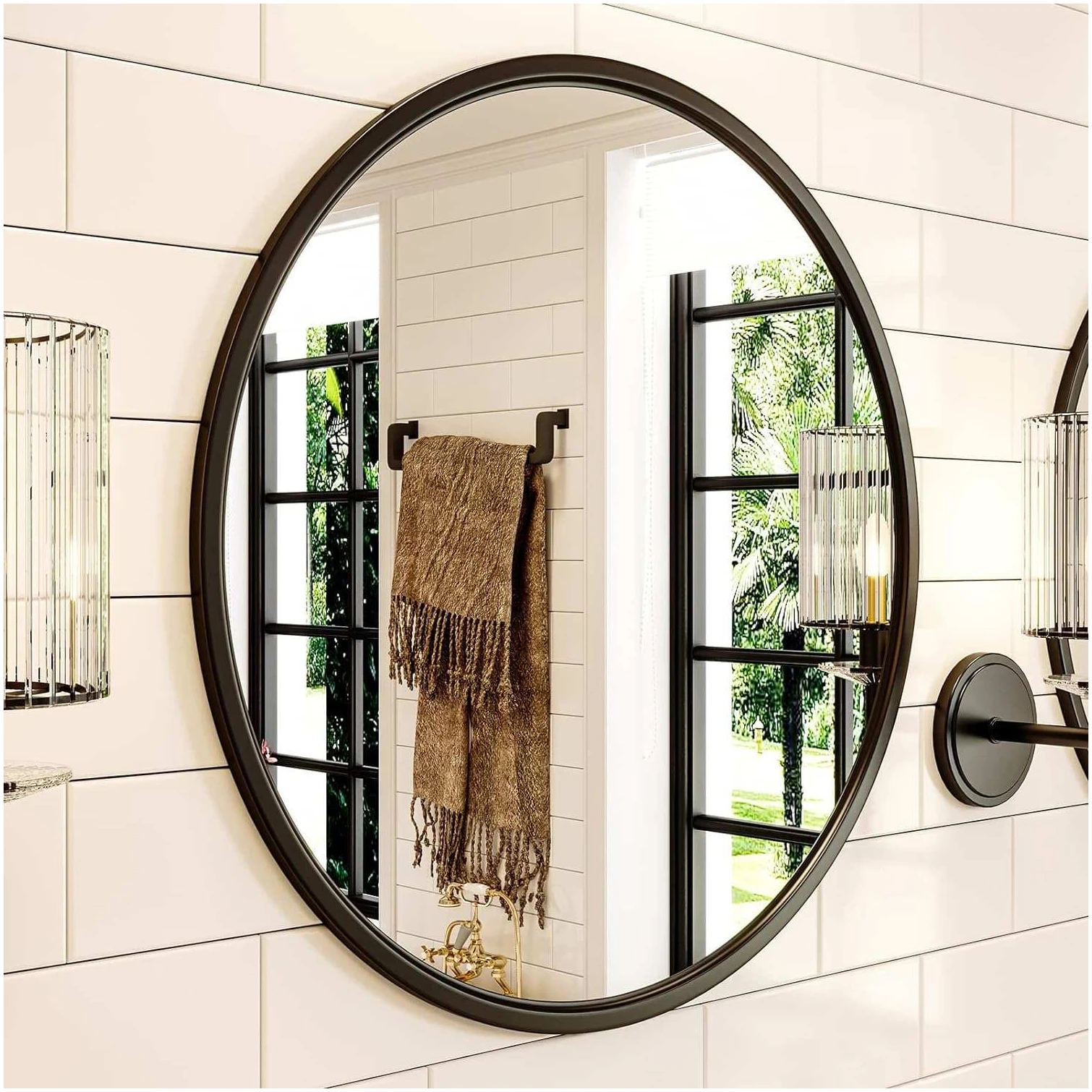 Afbeelding van HSXL - Spiegels - Luxe Ronde Spiegel Zwart - 60 cm Groot - Grote Wandspiegel 60cm Rond met Zwarte Rand -