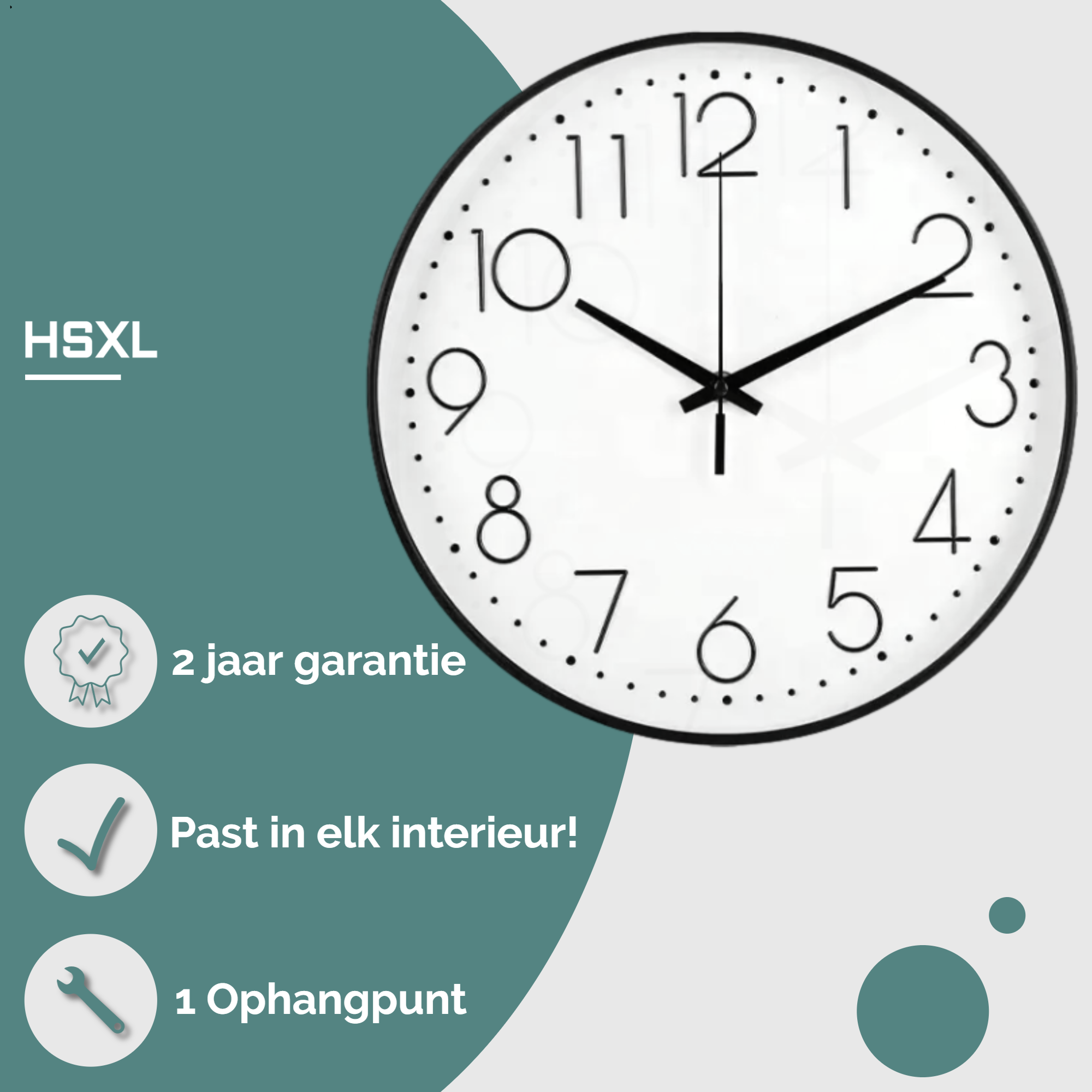 Afbeelding van HSXL - Kleine 30cm Design Wandklok met Stil Quartz Uurwerk - Zwart / Wit - HSM001 - Analoog - Klok Modern -