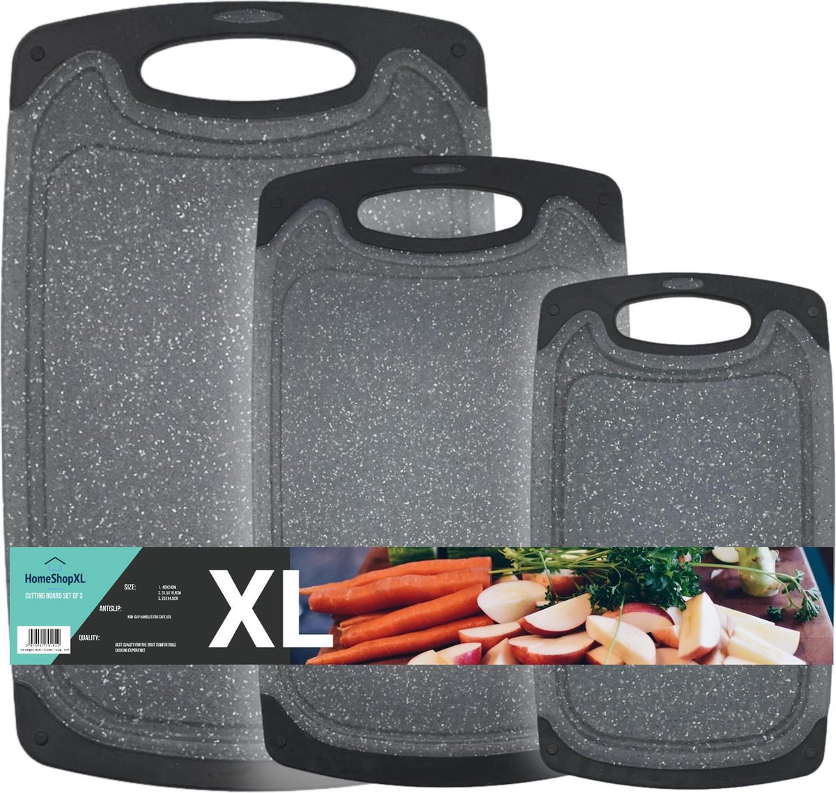 Afbeelding van 3 delige Kunststof Snijplanken Set Zwart met Antislip Handvaten – met Grote Snijplank van 40x24cm - 5043