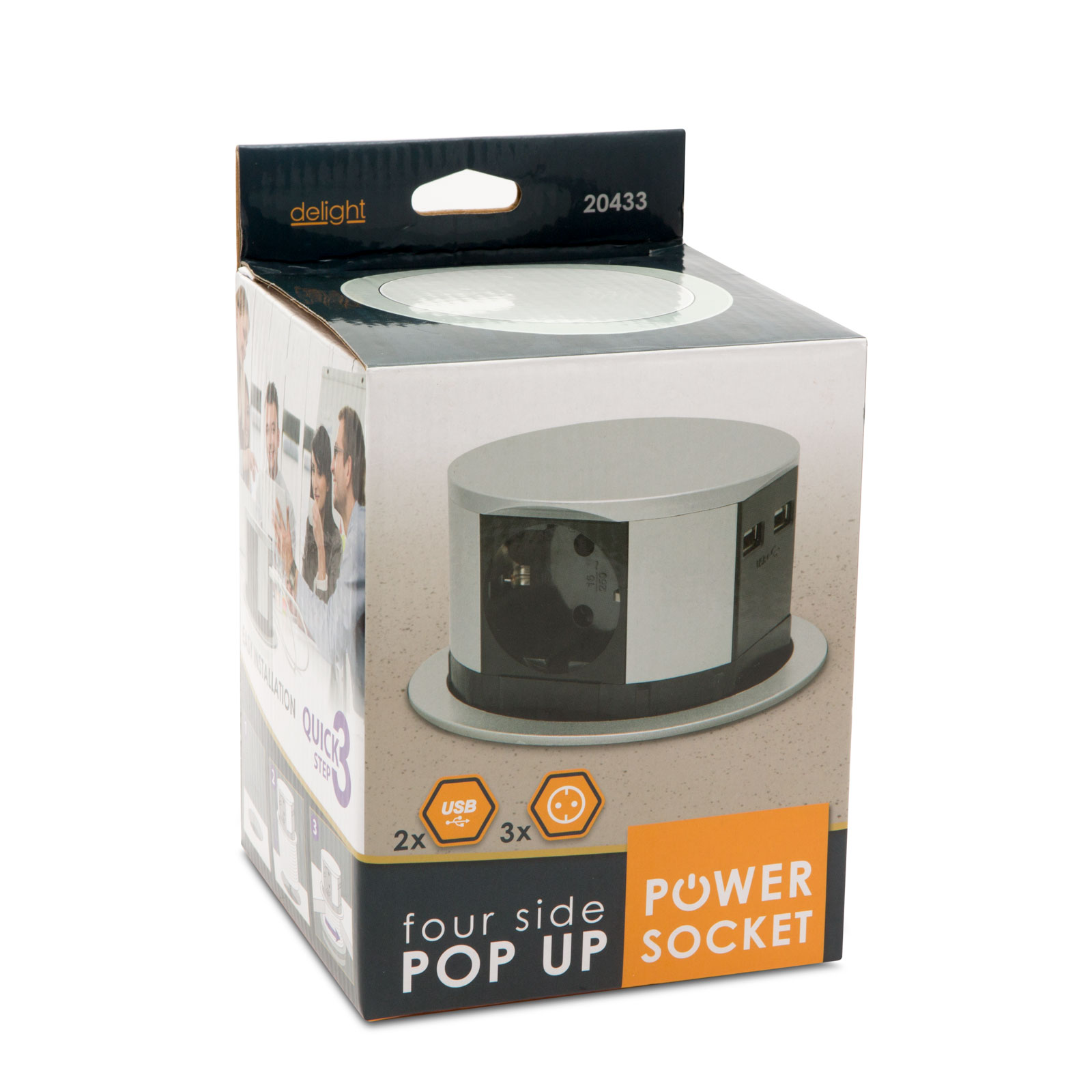 Afbeelding van DELIGHT - Inbouw Pop-Up Tafelblad Stekkerdoos met 2x USB en 3 Stopcontacten - Zilver - Lage inbouwdiepte -