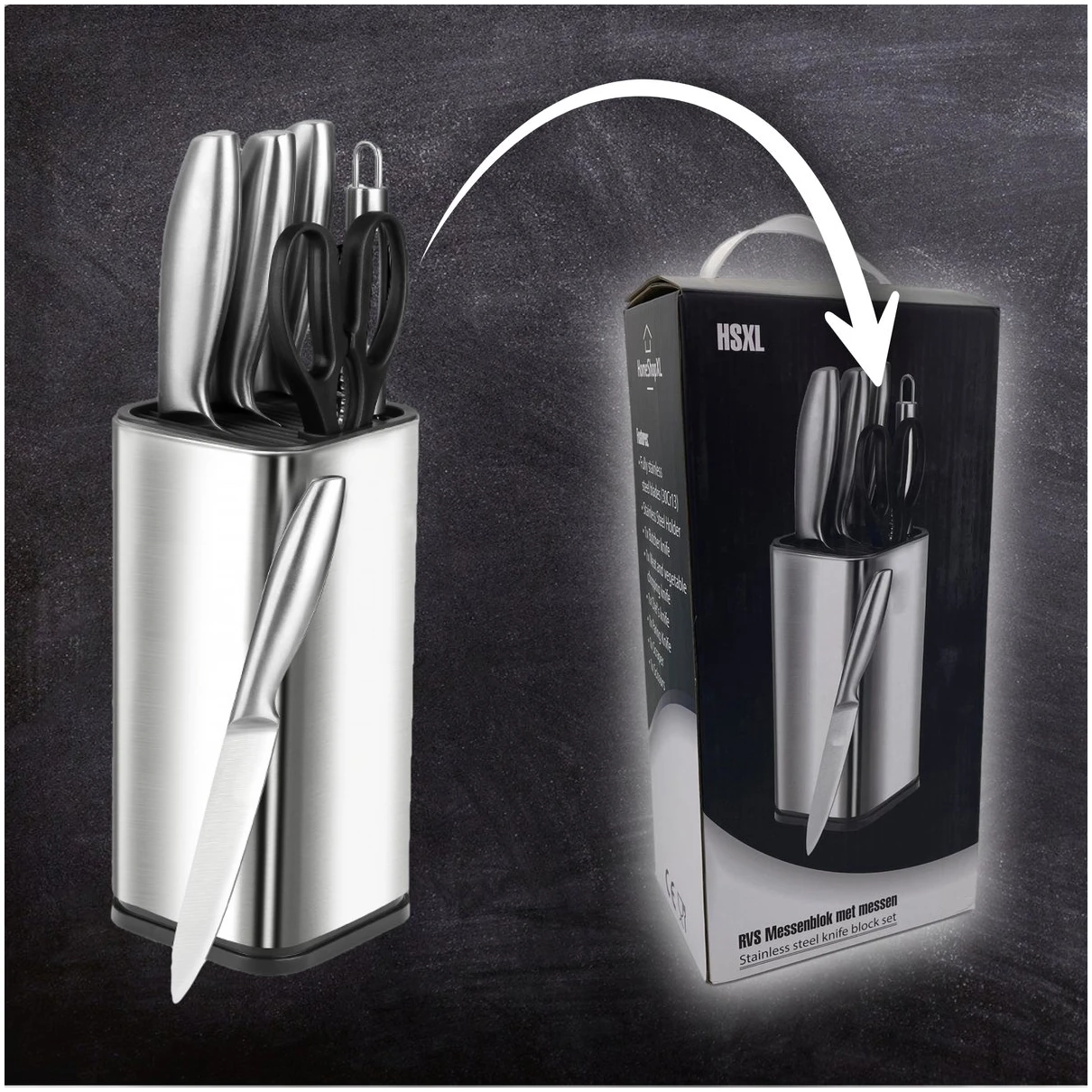 Afbeelding van Luxe Messenset met Messenblok Houder RVS - Keukenmessen - Zwart met Zilver - 7-delig Messenblok -