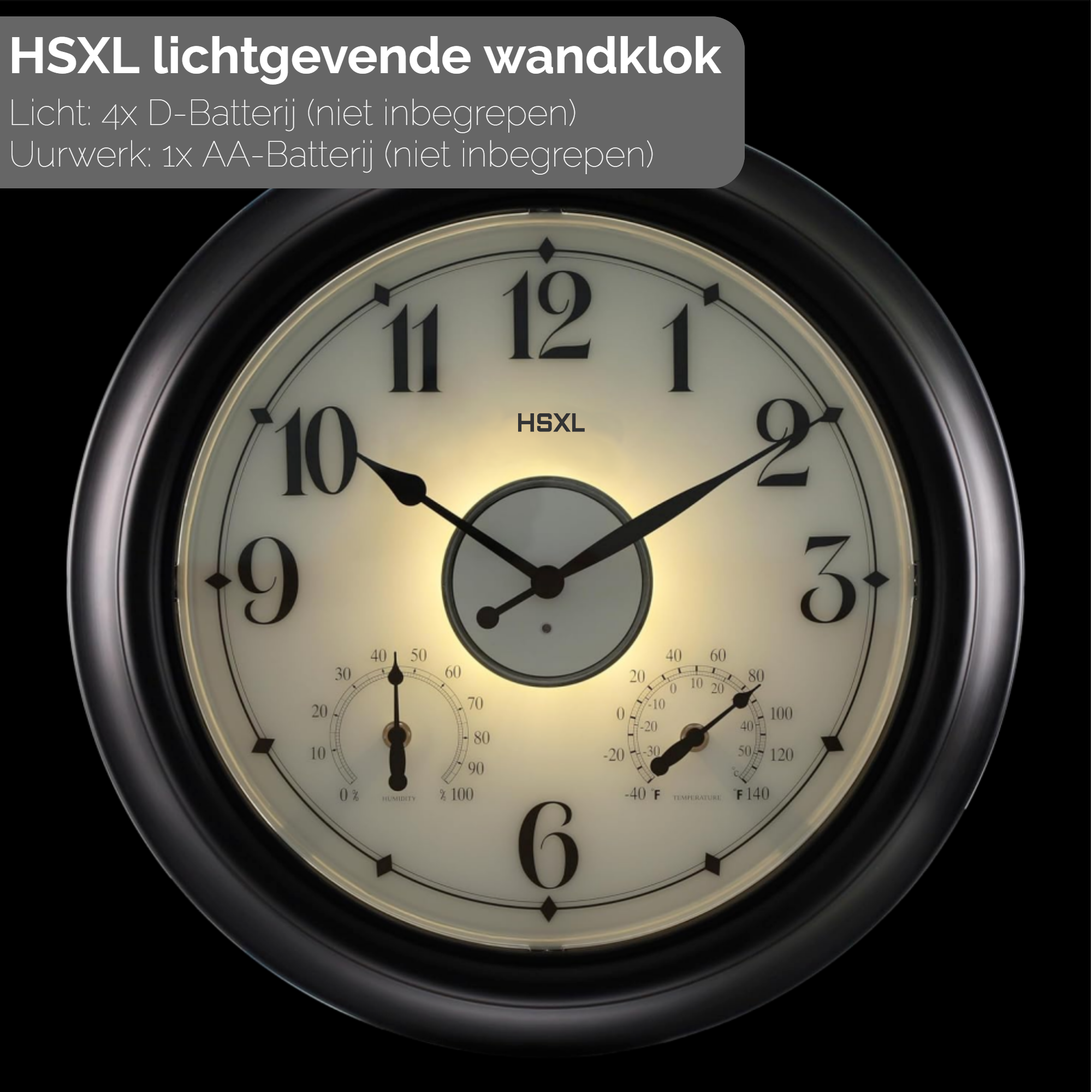 Afbeelding van HSXL - 45cm - Industriële Quartz LED Wandklok met verlichting - Stil uurwerk - 45 cm Landelijke Klassieke