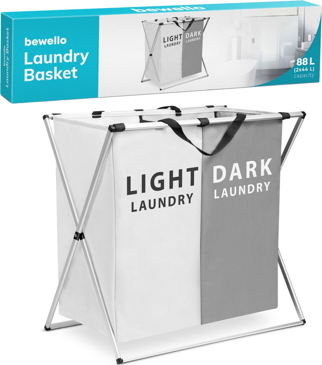 Afbeelding van Wasmand - Wassorteerder Metalen Frame - Wasmanden - Wasmand 2 Vakken - Opvouwbaar - 2x 44L (88 Liter) - 53cd