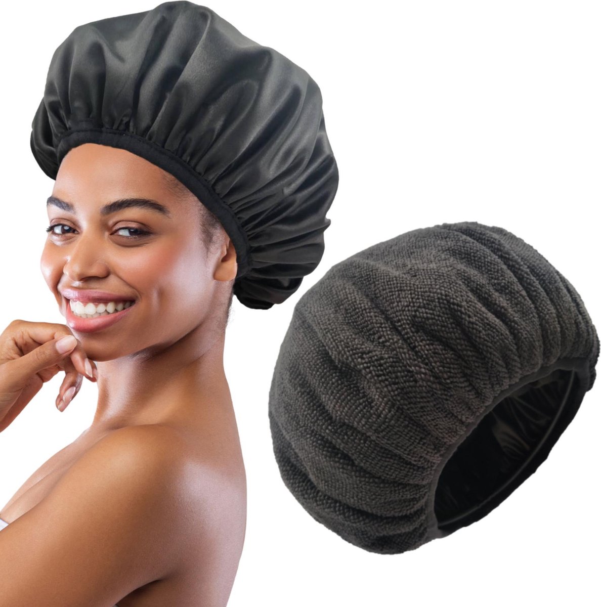 Afbeelding van 3 in 1 Douchemuts Dames - Haarhanddoek Microvezel, Slaapmuts Satijn en Douchemuts in 1 - Hoofdhanddoek