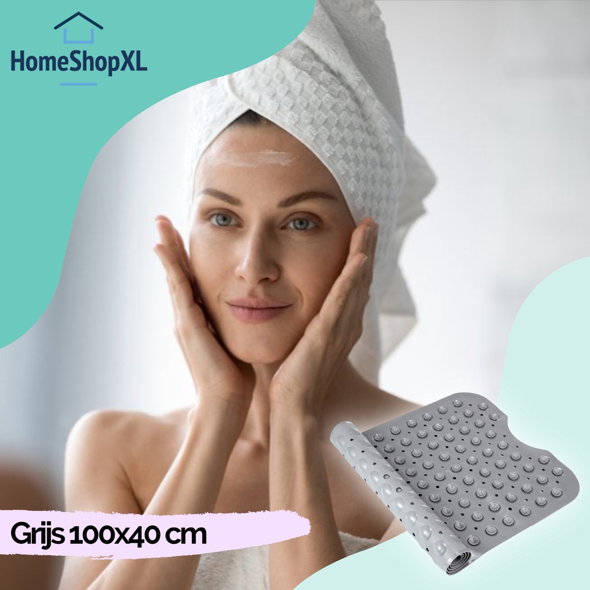 Afbeelding van HSXL - Antislipmat - 100x40CM - Incl. Netspons - Antislip Douchemat / Badmat Grijs met Zuignappen – Mat