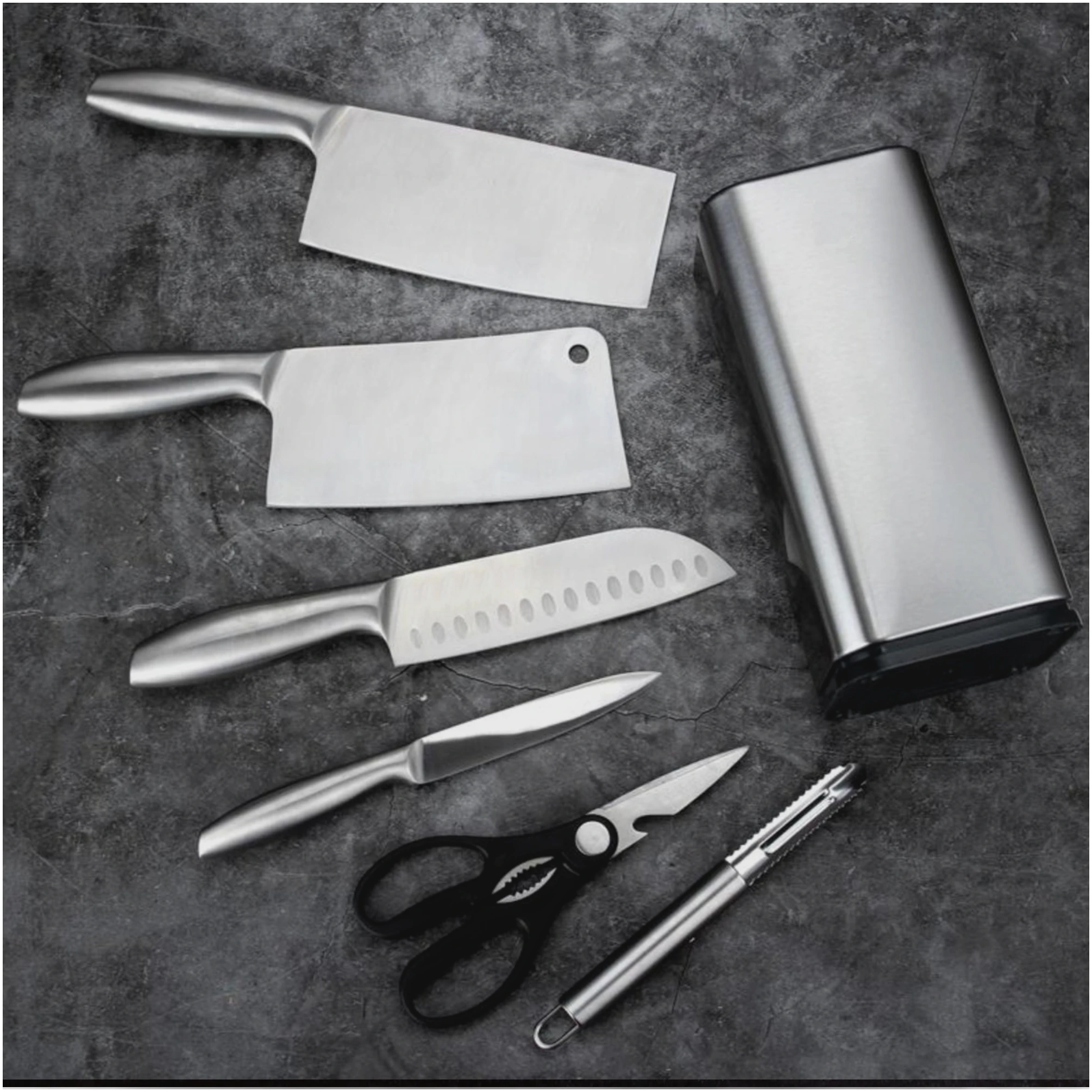 Afbeelding van Luxe Messenset met Messenblok Houder RVS - Keukenmessen - Zwart met Zilver - 7-delig Messenblok -