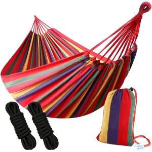 Afbeelding van HSXL Dubbele Hangmat Rood met Touwen - 1 of 2 Persoons - Lig Oppervlak 190x150cm - Lengte 260cm - 5d26 a6ab