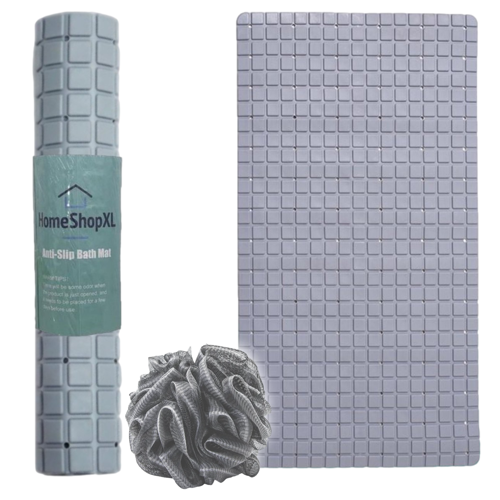 Afbeelding van HSXL - Antislipmat - 70x40CM - Incl. Netspons - Antislip Douchemat / Badmat Grijs met Zuignappen – Mat voor
