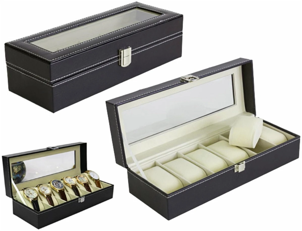Afbeelding van Luxe Horloge Doos – Opbergdoos – 6 Vakken Horlogedoos - Sieradendoos – Kist - Verwijderbare Kussens –