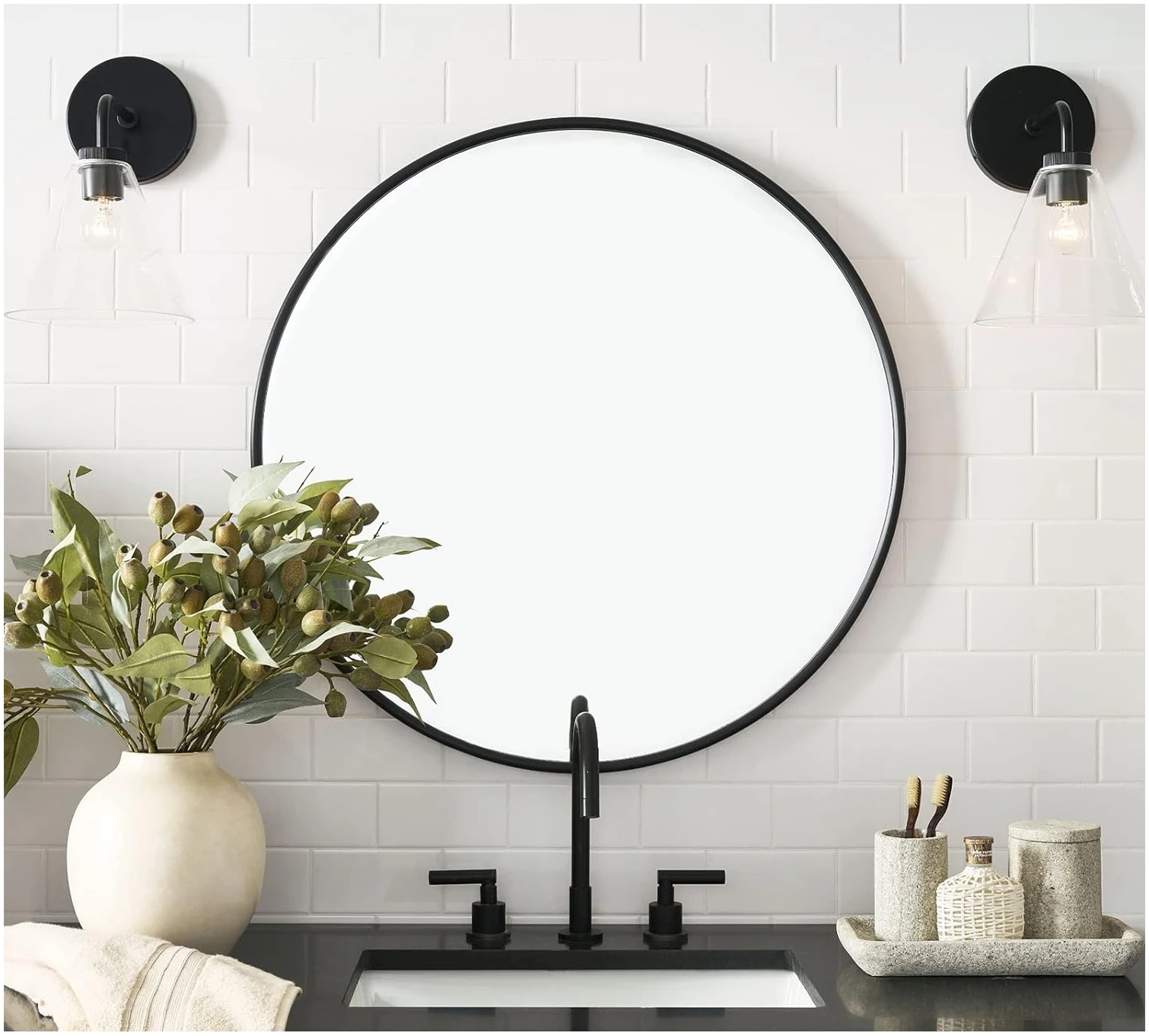 Afbeelding van HSXL - Spiegels - Luxe Ronde Spiegel Zwart - 60 cm Groot - Grote Wandspiegel 60cm Rond met Zwarte Rand -