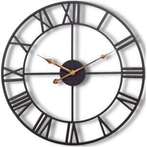 Afbeelding van HSXL - 60cm Grote Stille Wandklok Landelijk en Industrieel uit Zwart en Goud Metaal - Groot - 60 cm - Metalen