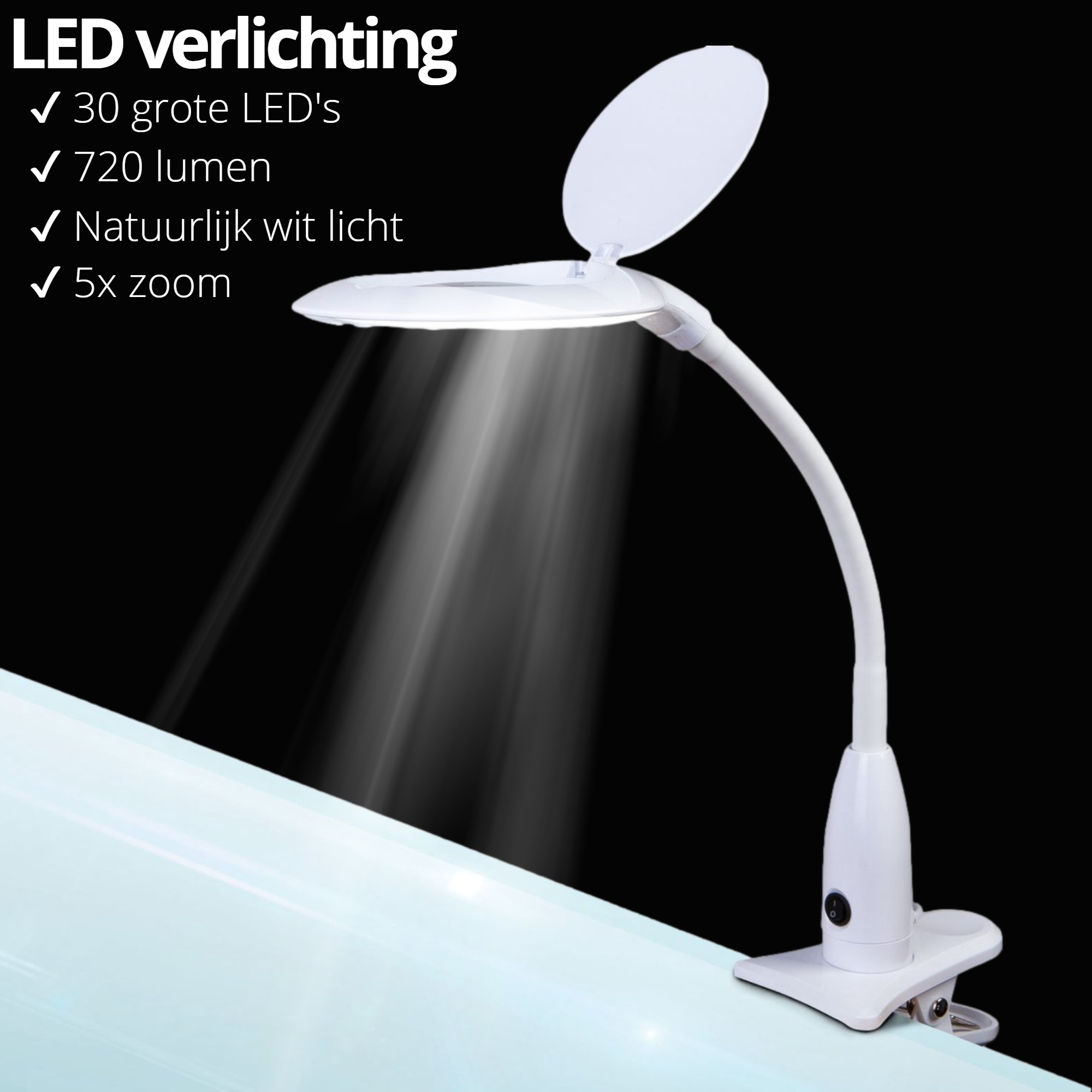 Afbeelding van Handy - Bureau Loeplamp met Tafelklem - Vergrootglas met verlichting - 12 Dioptrie (5x Zoom) Op Netstroom -