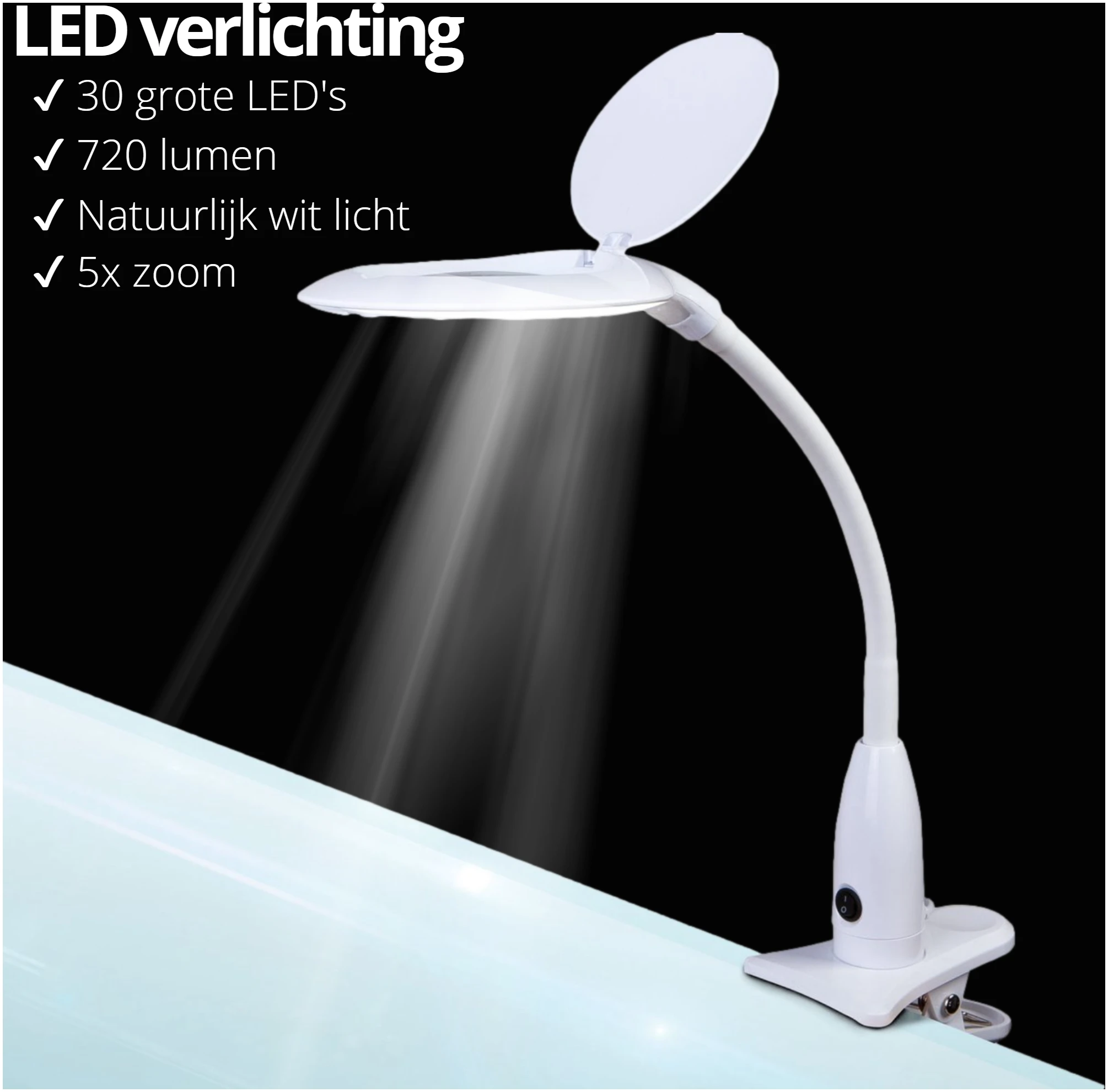 Afbeelding van Handy - Bureau Loeplamp met Tafelklem - Vergrootglas met verlichting - 12 Dioptrie (5x Zoom) Op Netstroom -