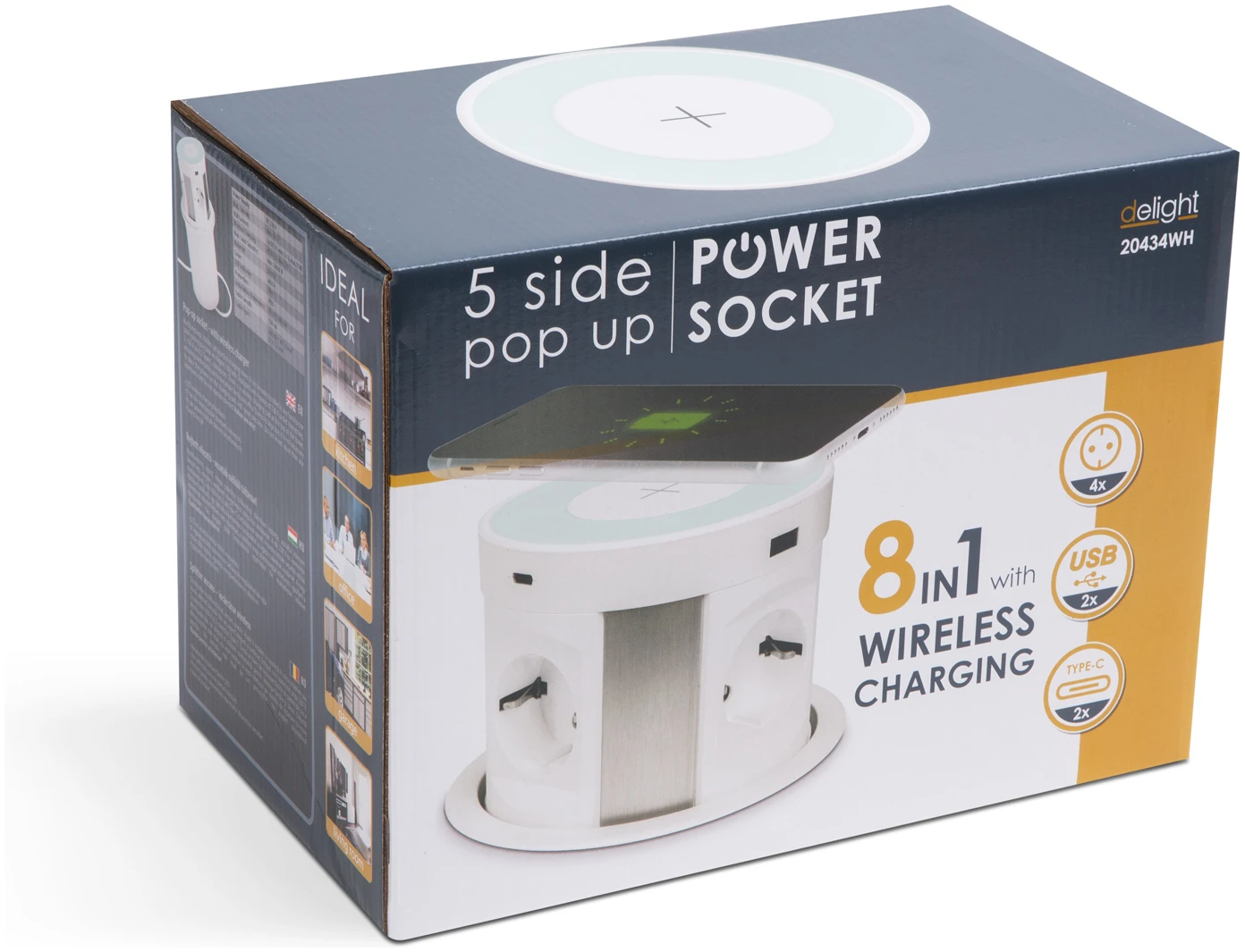 Afbeelding van DELIGHT - Inbouw Pop-Up Tafelblad Stekkerdoos met 2x USB -A / 4 Stopcontacten / Draadloos oplaadpunt QI / 2x