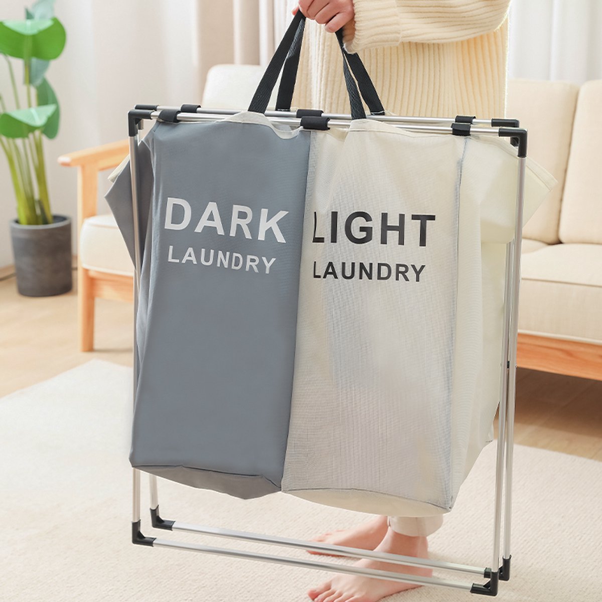 Afbeelding van Wasmand - Wassorteerder Metalen Frame - Wasmanden - Wasmand 2 Vakken - Opvouwbaar - 2x 44L (88 Liter) - 70ea