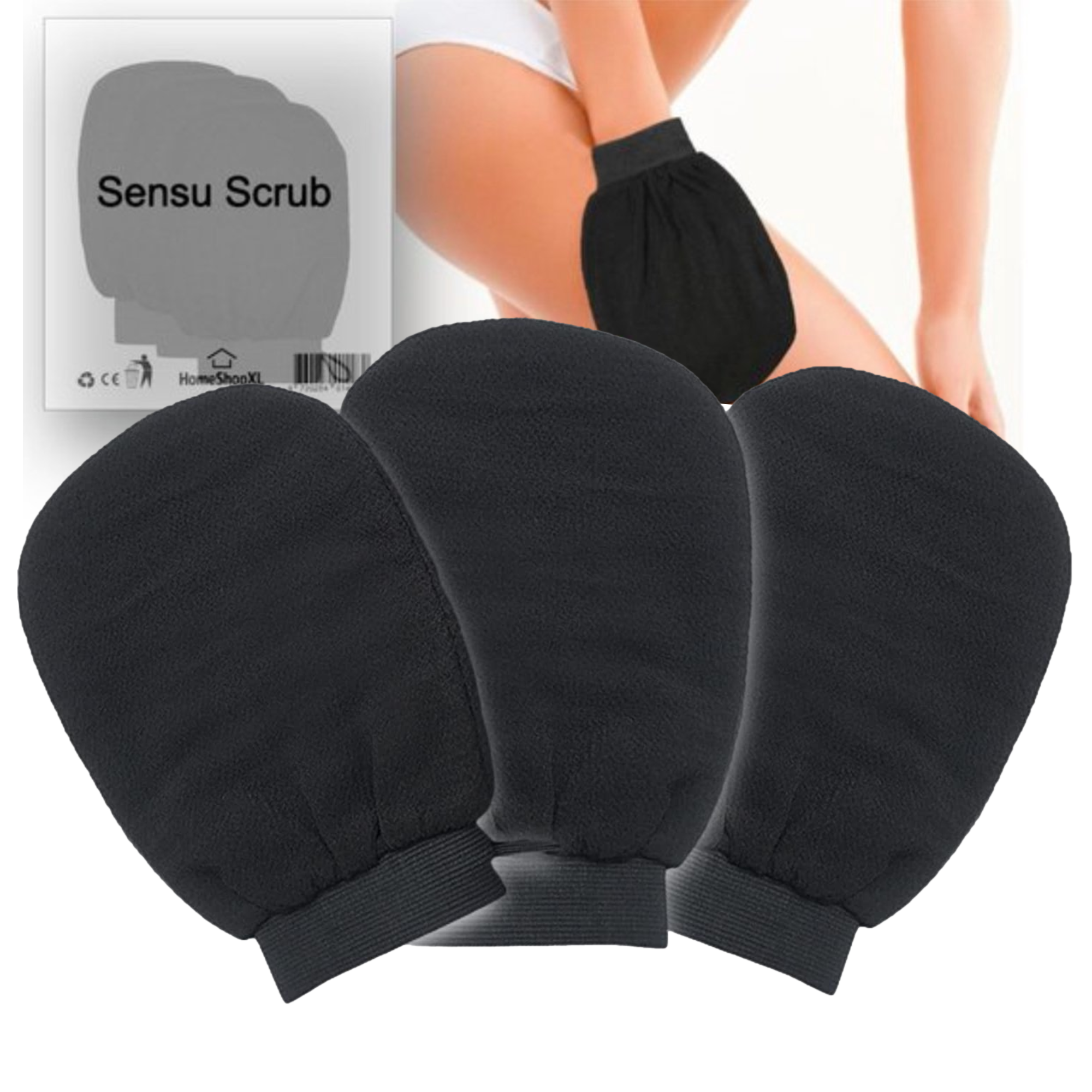 Afbeelding van 3x Sensu Scrub Handschoen - 3 stuks - Zwart - Washand Exfoliating Glove - Kessa Hammam Washandje - BPK - 71fd