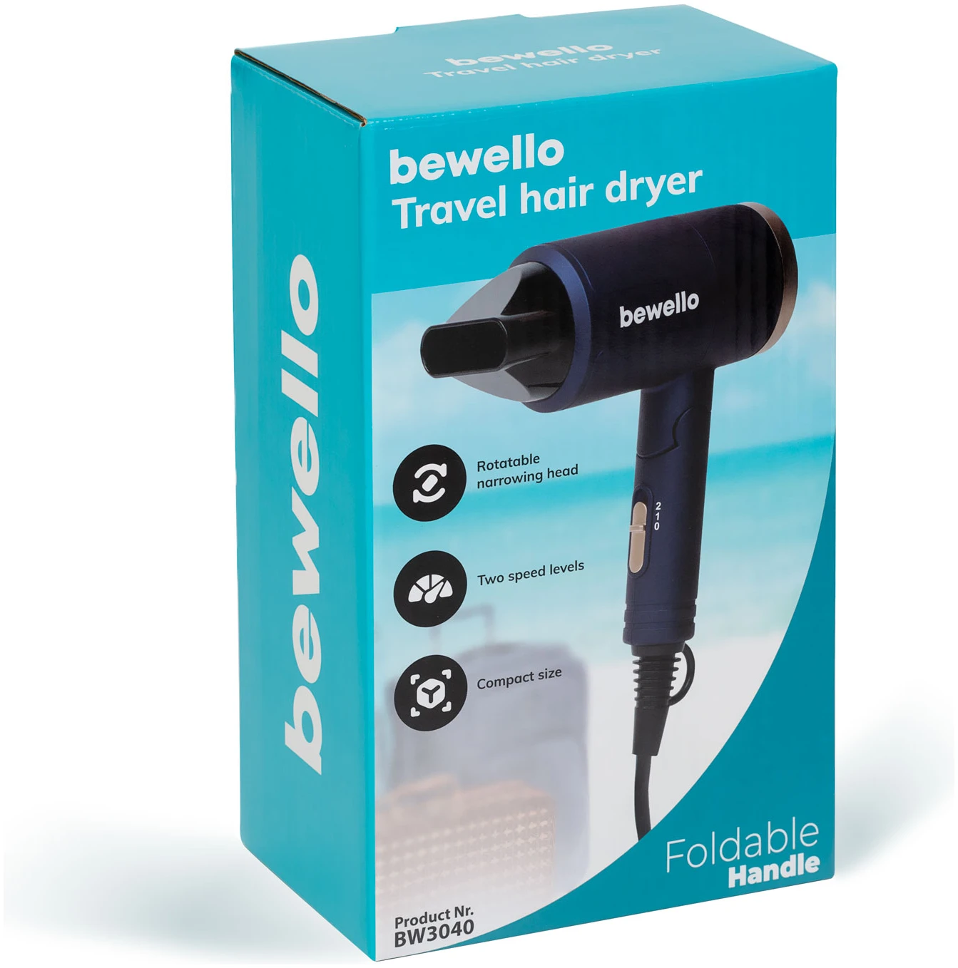 Afbeelding van Bewello - Compacte Föhn - Reis Haardroger - Blauw/Goud - Draaibare mond - Lichtgewicht - 2 Droogstanden -