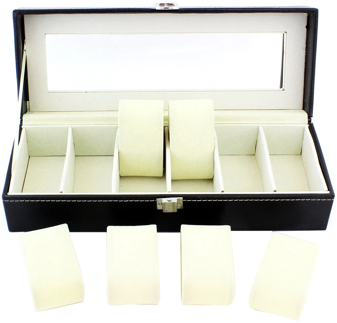 Afbeelding van Luxe Horloge Doos – Opbergdoos – 6 Vakken Horlogedoos - Sieradendoos – Kist - Verwijderbare Kussens –