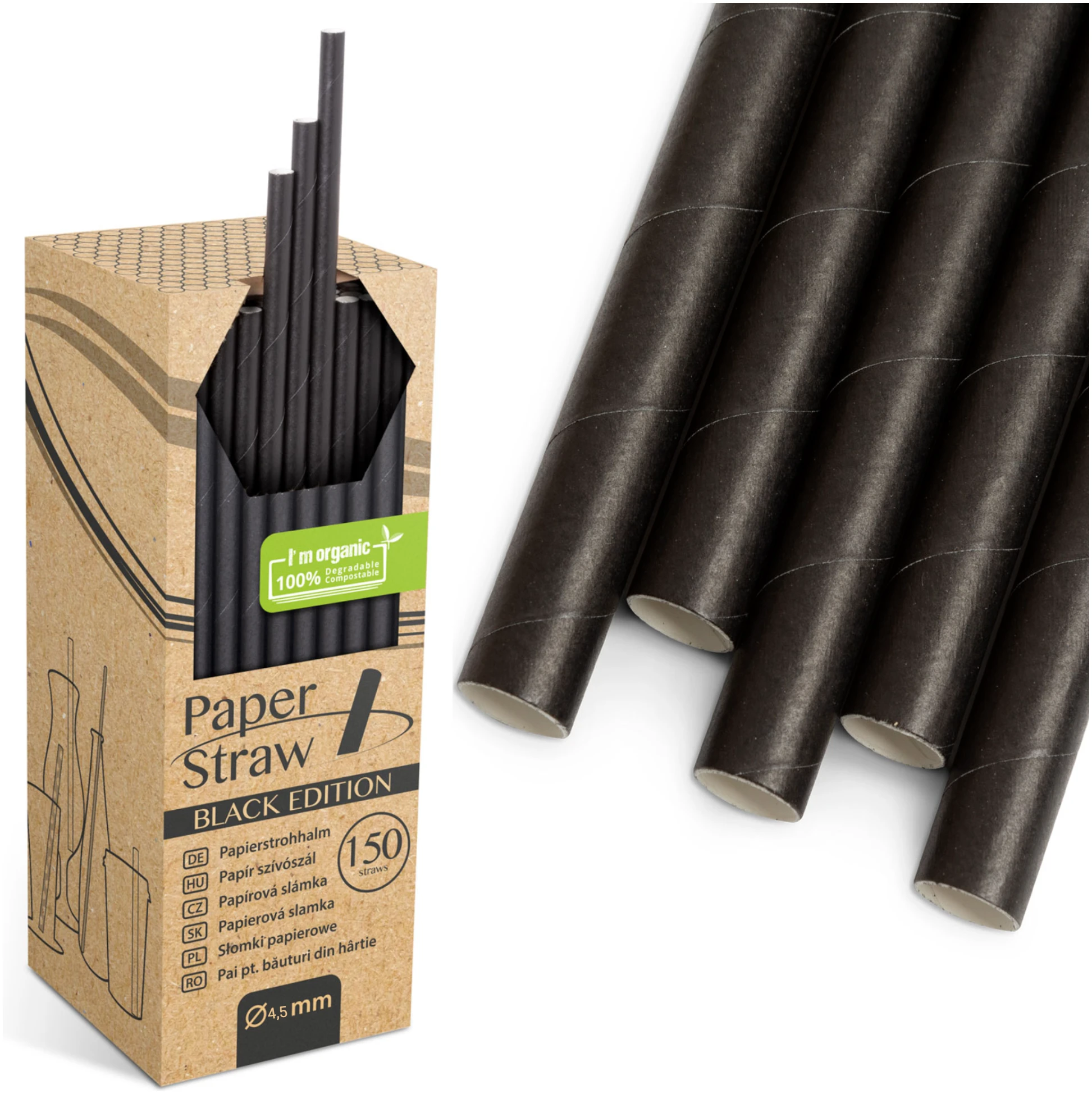 Afbeelding van Kartonnen Drinkrietjes Zwart 4,5 mm 19 cm - Recht - Straws papieren Rietjes - 150 stuks - Milkshake - 100%